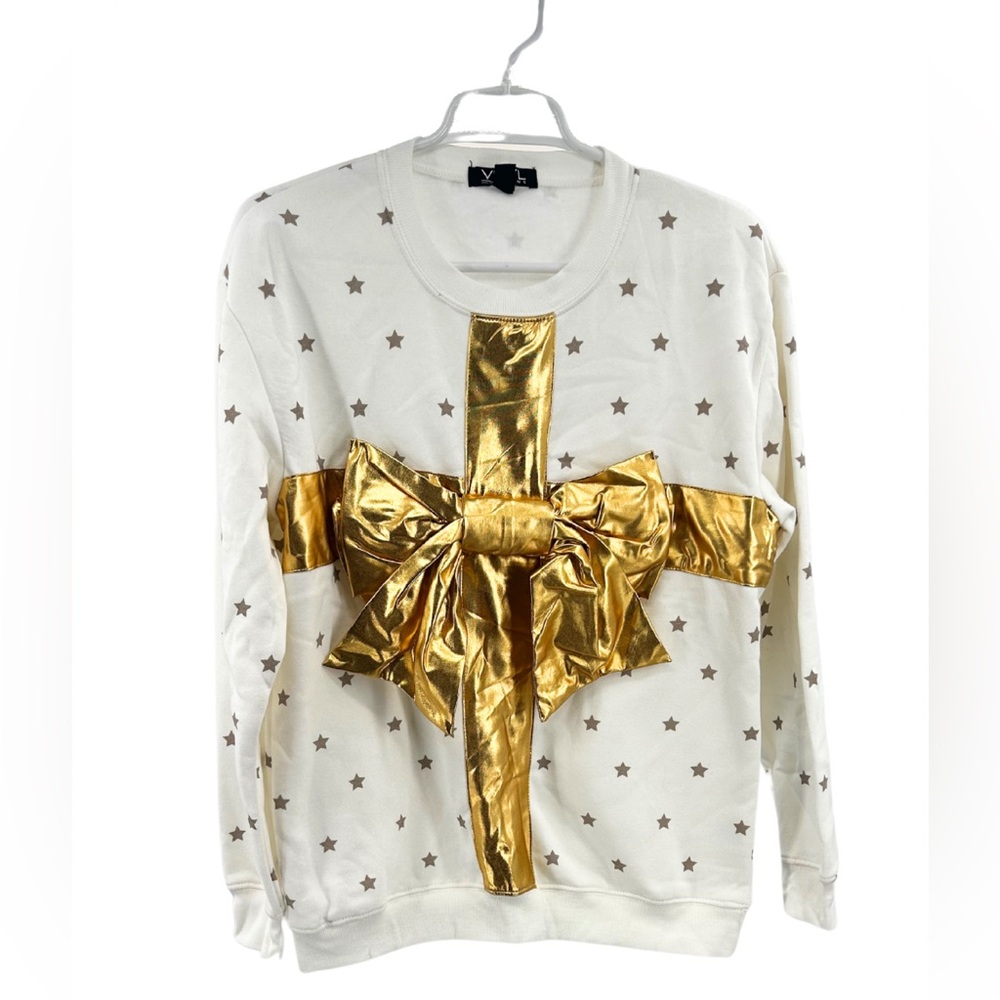 Vinyl Icons Gold White star large bow Sweatshirt S metallic Christmas holiday